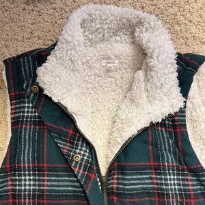 Maurices Green and Red Plaid Vest with Sherpa Lining